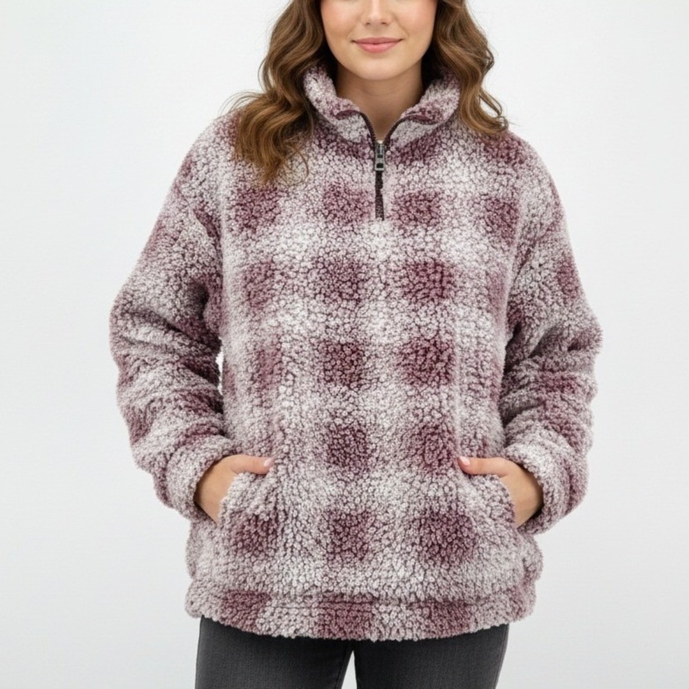 Dylan Los Angeles Teddy Sherpa Fleece Plaid 1/4 Zip Pullover Sweatshirt Large